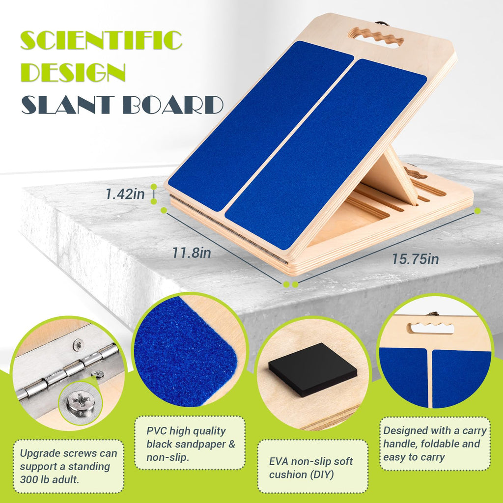 Slant Board for Calf Stretching, Adjustable Portable Wooden Incline Board for Calf Stretcher with Training Poster, 300 Lbs Weight Capacity Calf Stretch Wedge for Leg, Knees, Heel, Ankle & Stretching