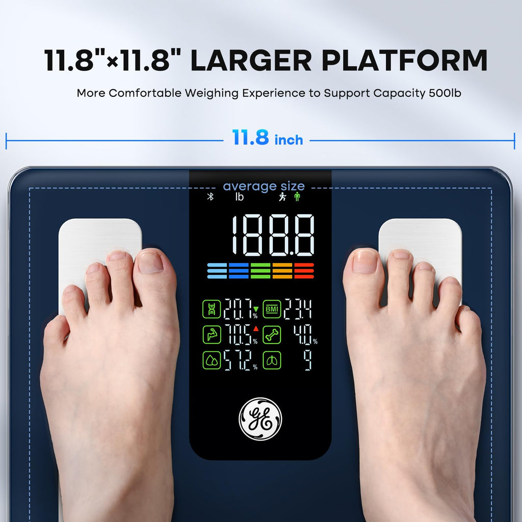 GE Smart Scale for Body Weight, BMI, Body Fat, Muscle Mass, Digital Bathroom Scales 500lbs for Bluetooth Weight Monitor 11.8" Large Platform Weighing Machine Health Analyzer with App