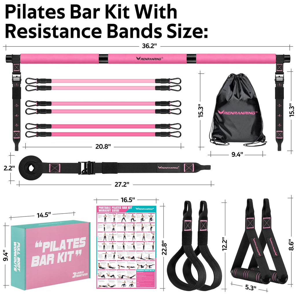 Pilates Bar Kit with Resistance Bands, Multifunctional Pilates Bar for Women & Men with Heavy-Duty Metal Adjustment Buckle, Pilates Home Equipment for Full BodyWorkouts