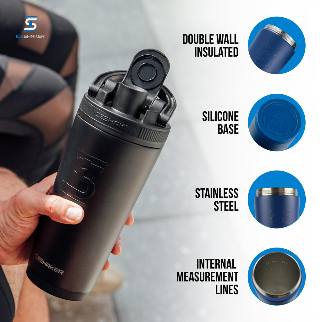Ice Shaker Insulated Stainless Steel Shaker Bottle | 26oz, Navy/Mint | Cold for 30+ Hours | Insulated Cup with Twist-on Agitator | Odor-Free Bottle for Protein Shakes, Water, Smoothies, Cocktails