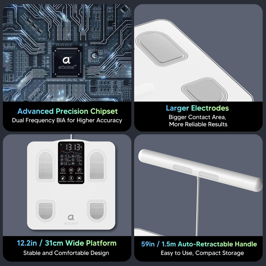 Arboleaf Scale for Body Weight, Smart Scale with BMI, Body Fat, Muscle Mass, 26 Metrics Full Body Composition Analyzer, 8-Electrode High Precision Digital Bathroom Scale, Bluetooth Sync, White