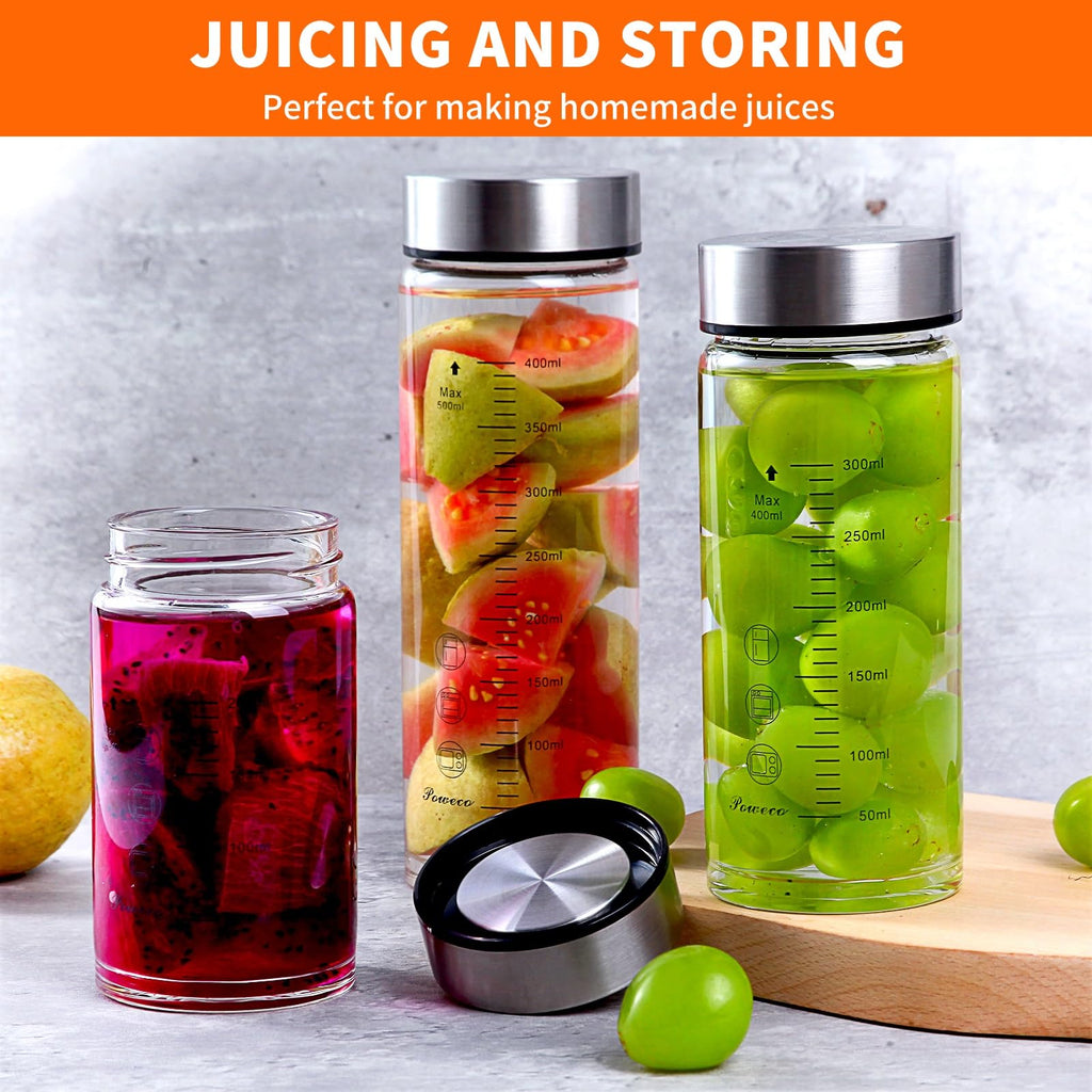 Glass Juice Bottles 4 Pack 20 oz - Wide Mouth Glass Water Bottles with Lids - for Juicing, Protein, Smoothie, Milk, Reusable, BPA Free, Stainless Steel Lids, Blender, Shaker Bottle (20oz/600ml)