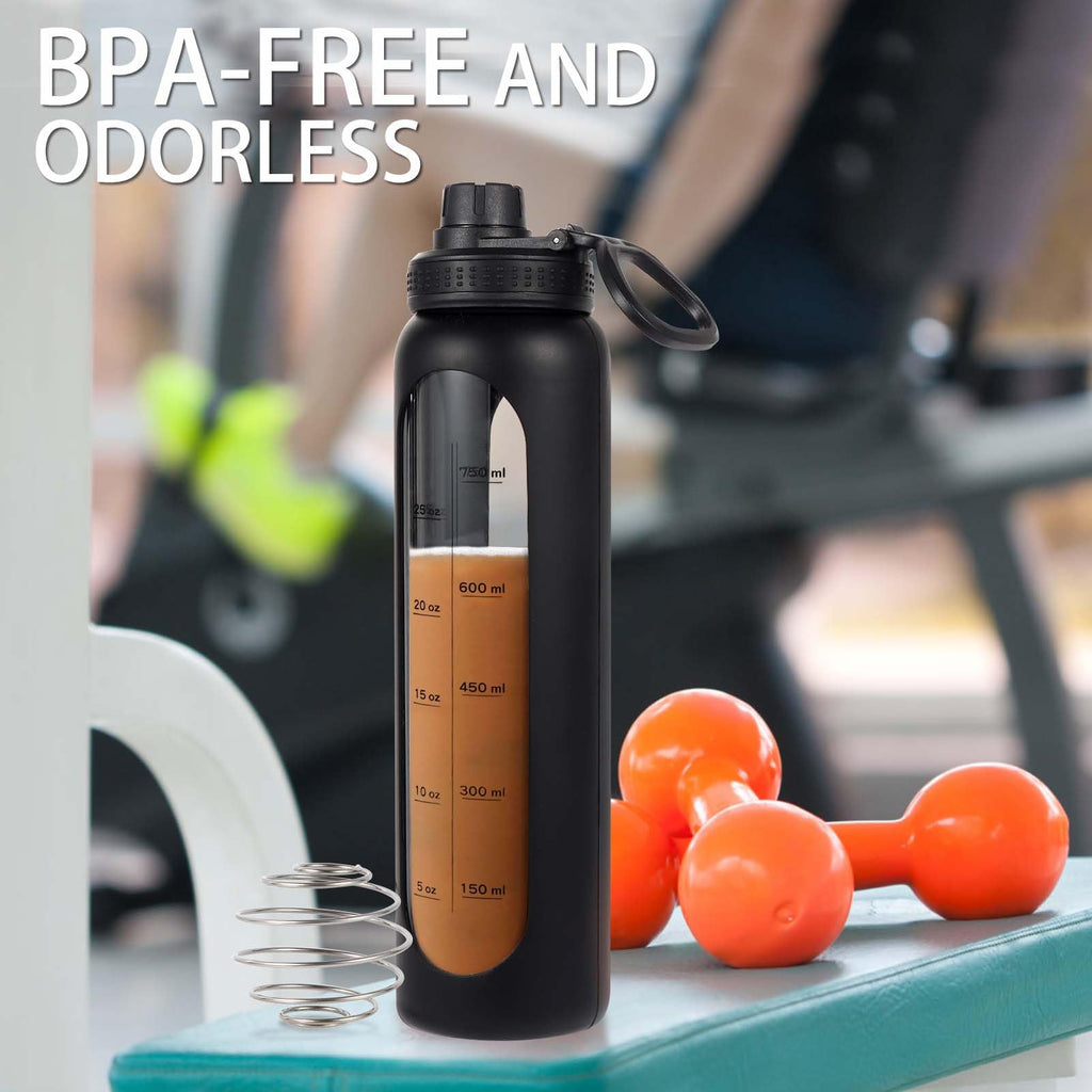 Glass Shaker Bottle 34oz/1L Black Glass Protein Shaker Bottle With Shaker Ball Large Shaker Bottles for Protein Mixes Portable Powder Mixer Blender Water Bottle for Gym Workout Sports