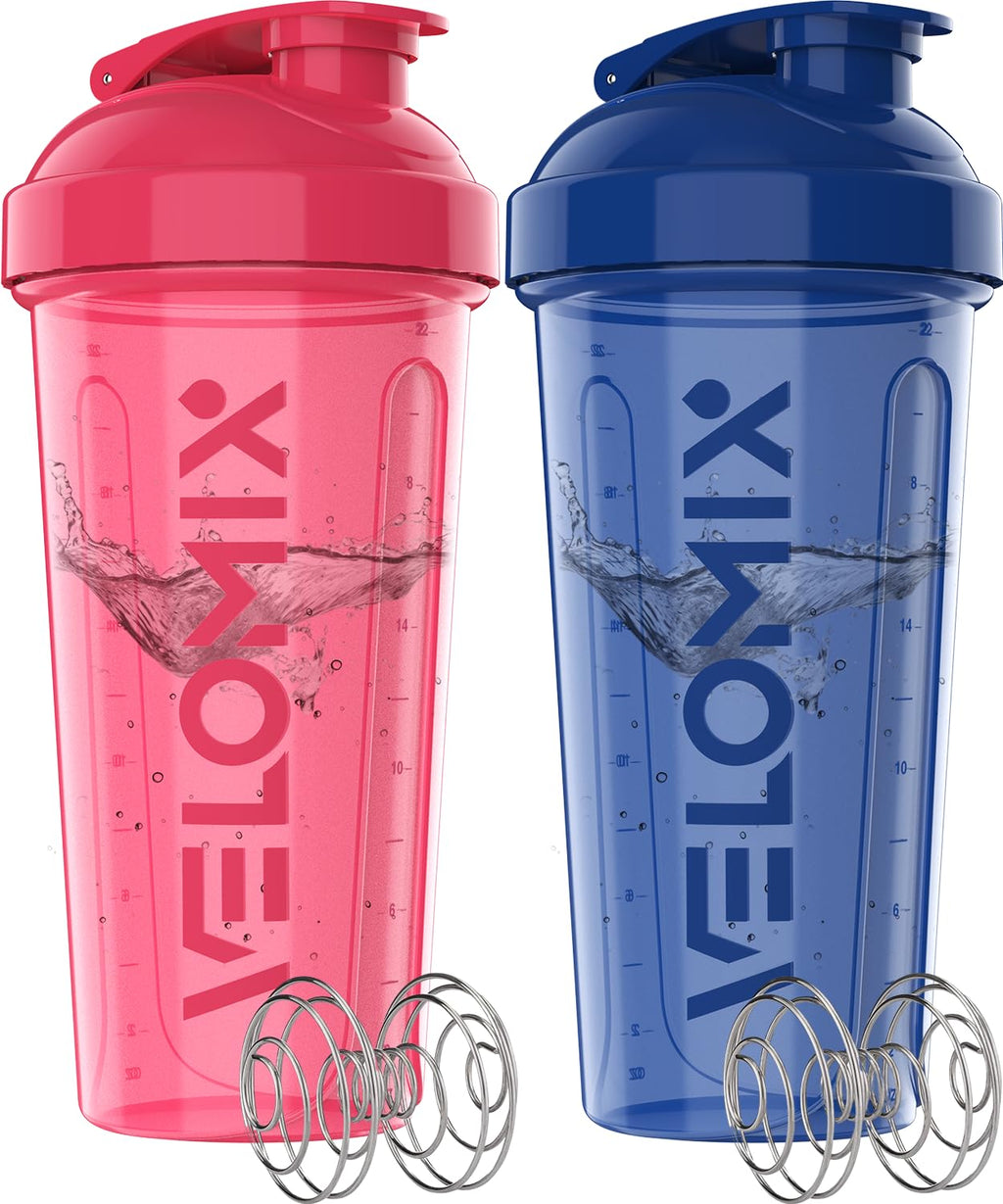 VELOMIX -2 Pack- 28 oz Protein Shaker Bottles for Protein Mixes - 2x Wire Whisk | Leak Proof Shaker Cups for Protein Shakes | Protein Shaker Bottle Pack (Black/Transparent)