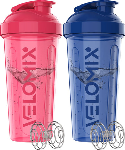 VELOMIX -2 Pack- 28 oz Protein Shaker Bottles for Protein Mixes - 2x Wire Whisk | Leak Proof Shaker Cups for Protein Shakes | Protein Shaker Bottle Pack (Black/Transparent)