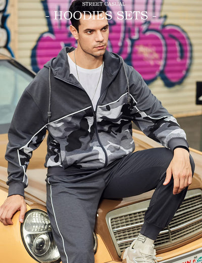 DUOFIER Men's Hooded Athletic Tracksuit Casual Full Zip Jogging Sweatsuits