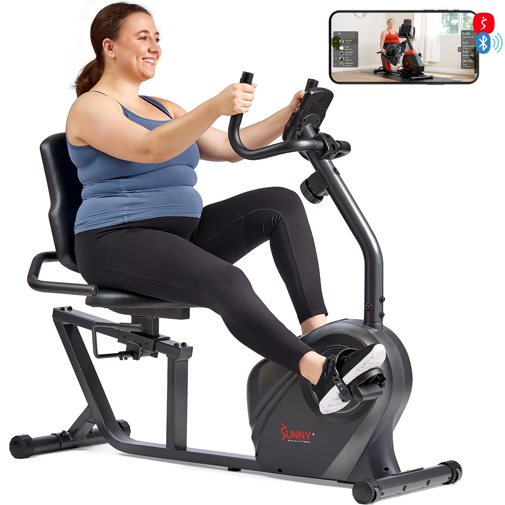 Sunny Health & Fitness Smart Heavy-Duty Recumbent Bike w/Wide Cushioned Seat & Back, Indoor Cycling Machine for Adult/Seniors Home Exercise, Free SunnyFit App Connect, Optional Workout Training Bands