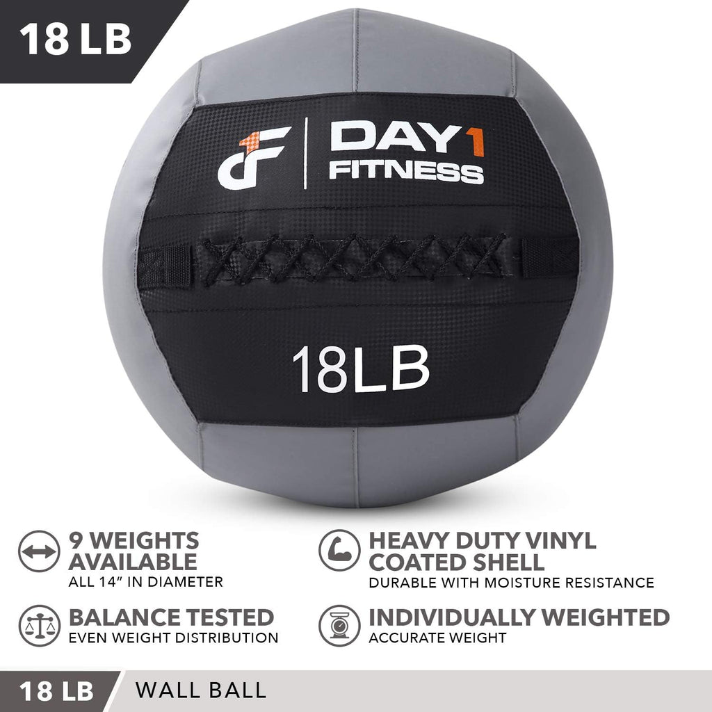 Day 1 Fitness Soft Wall Medicine Ball 18 Pounds - for Exercise, Rehab, Core Strength, Large Durable Balls for Floor Exercises, Stretching