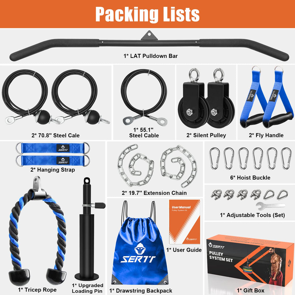 SERTT Home Gym Pulley System - Tricep Workout, Lat Pulldown, Biceps Curl, Triceps, Shoulders, Back, Forearm, Weight Cable for Squat Rack, Garage