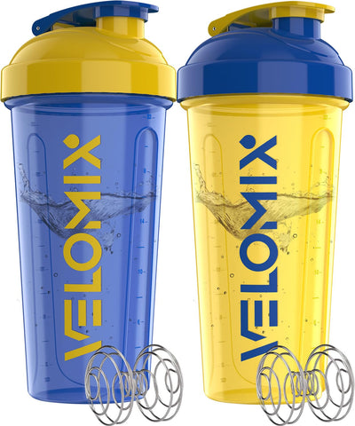 VELOMIX -2 Pack- 28 oz Protein Shaker Bottles for Protein Mixes - 2x Wire Whisk | Leak Proof Shaker Cups for Protein Shakes | Protein Shaker Bottle Pack (Black/Transparent)