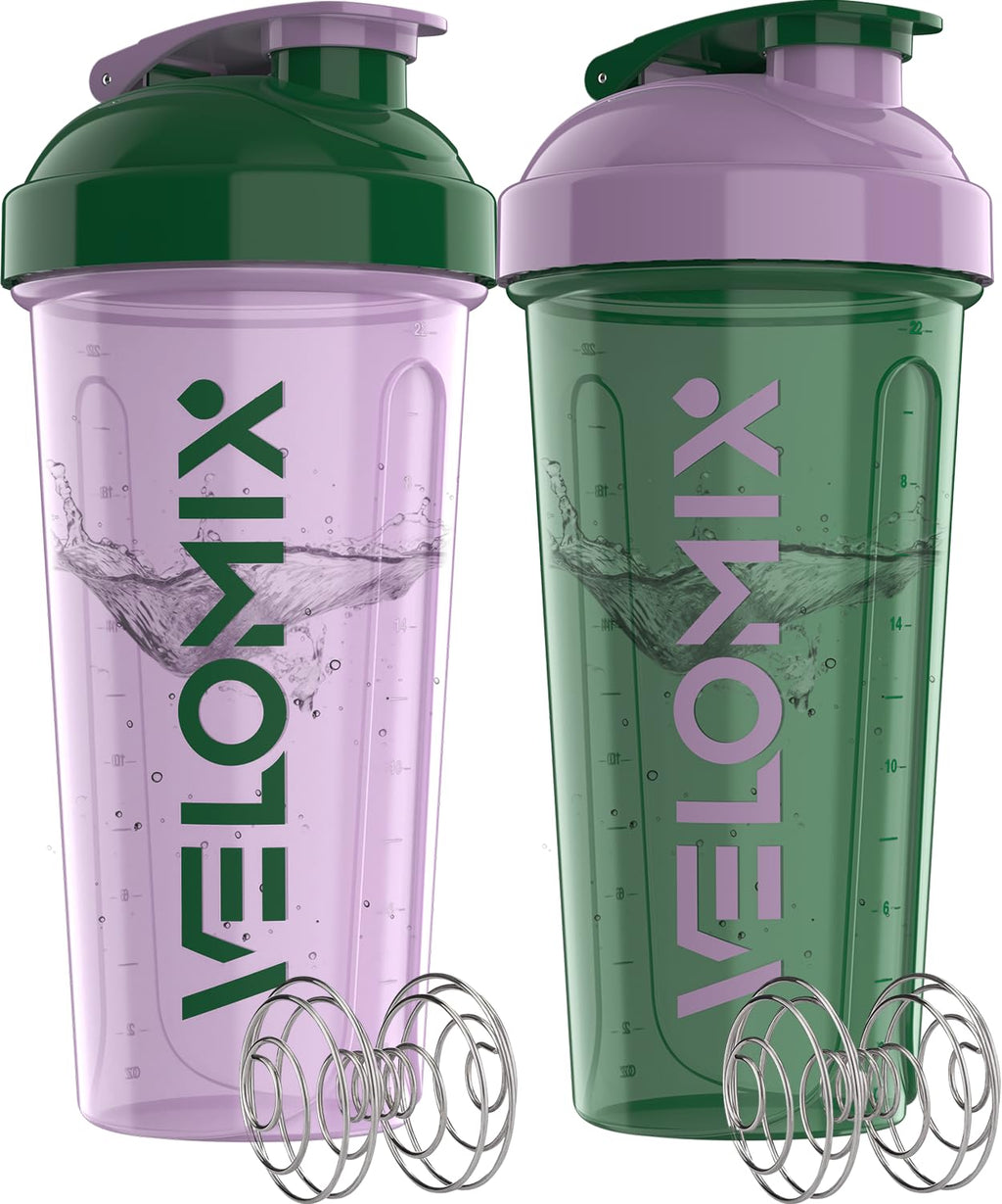 VELOMIX -2 Pack- 28 oz Protein Shaker Bottles for Protein Mixes - 2x Wire Whisk | Leak Proof Shaker Cups for Protein Shakes | Protein Shaker Bottle Pack (Black/Transparent)