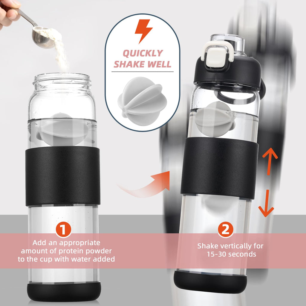 Glass Water Bottle for Protein Mixes 24 oz Protein Shaker Bottles with Whisk Ball Portable Leak Proof Shaker Blender for Fitness BPA Free