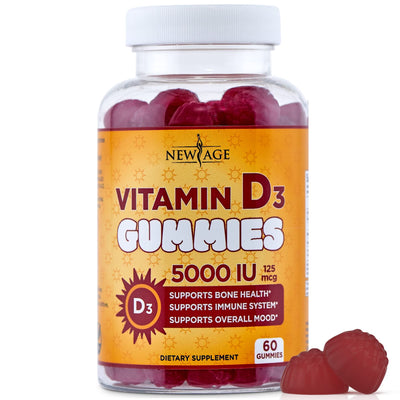 NEW AGE Vitamin D3 5000 IU 125mcg Gummies - Support Immune Support, Strong Bone Health - Non-GMO, Gluten-Free, Dairy-Free, No Gelatin (120 Gummies (Pack of 2))