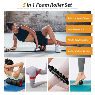 5 in1 Foam Roller Set, Trigger Point Foam Roller, Massage Roller Stick, Massage Ball, Resistance Band for Deep Muscle Massage Pilates Yoga,Fitness Exercise for Whole Body (Black-Red)
