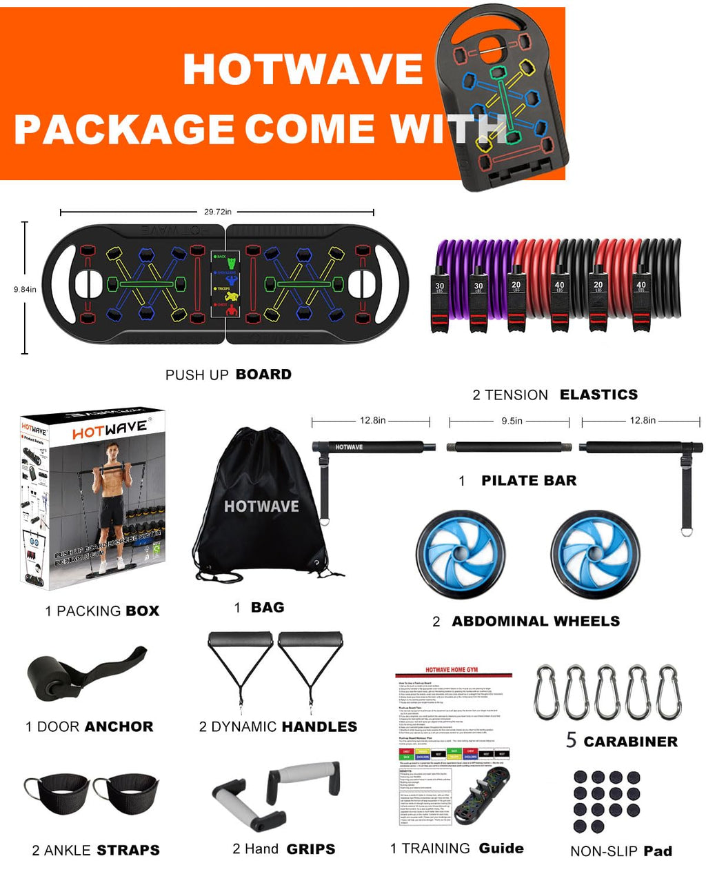 HOTWAVE Portable Exercise Equipment with 16 Gym Accessories,20 in 1 Push Up Board Fitness,Resistance Bands with Ab Roller Wheel,at Home Workout for Men