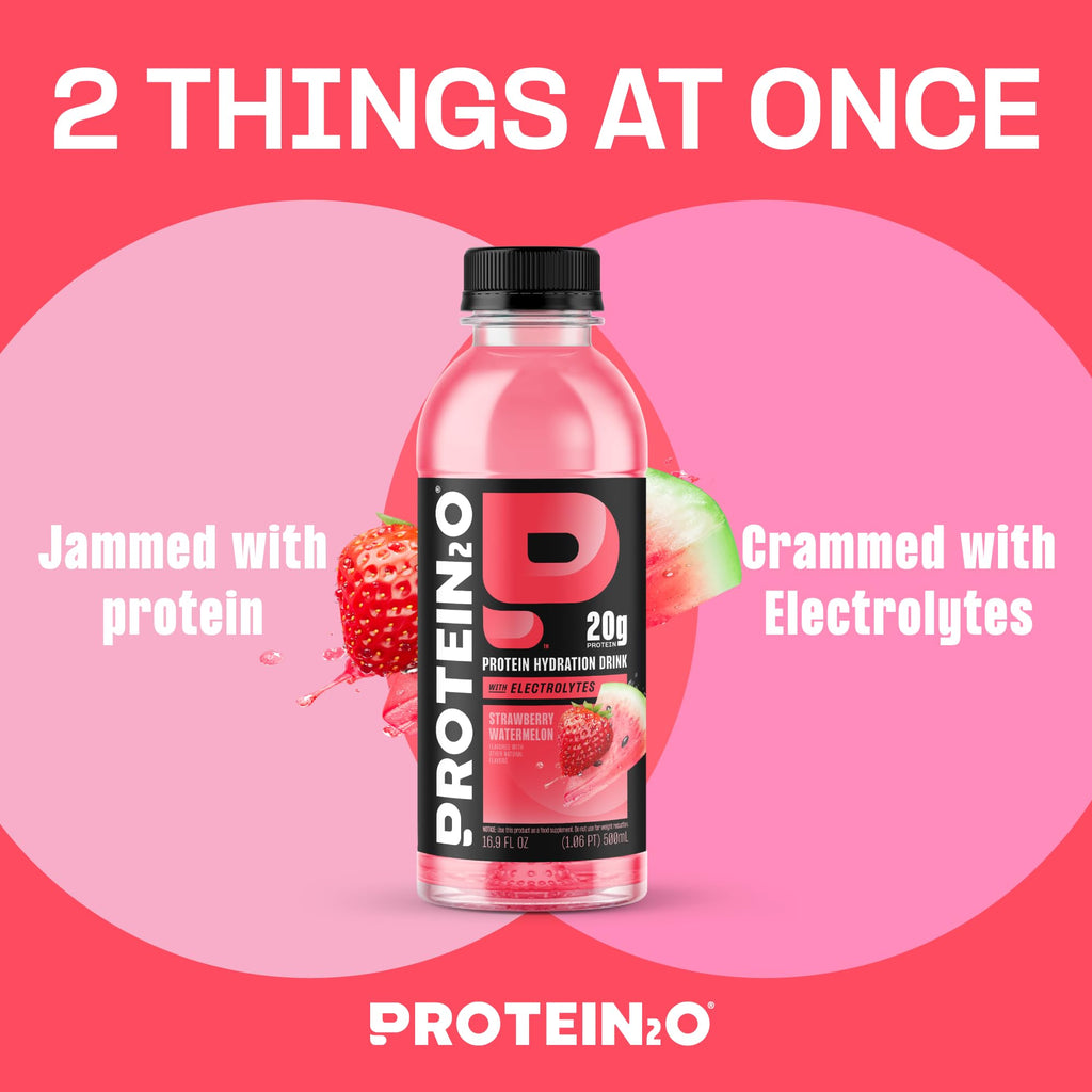 Protein2o Hydration Drink - 2-in-1 Liquid Clear Whey Protein Isolate and Electrolyte Drink - 20g Protein, Vitamins B5, B6 - Post-Workout Recovery - 16.9 Fl Oz - 12 Count Strawberry Watermelon