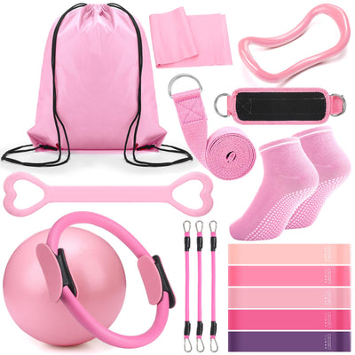 Pilates Ring Circle Set 18 Pcs Exercise Equipment Accessories for Women Workouts Pilates Ball Stretching Strap Magic Circle Yoga Ring Gym Back Bag Resistance Band Anti Slip Socks