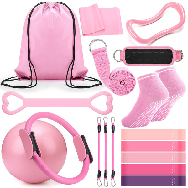 Pilates Ring Circle Set 18 Pcs Exercise Equipment Accessories for Women Workouts Pilates Ball Stretching Strap Magic Circle Yoga Ring Gym Back Bag Resistance Band Anti Slip Socks