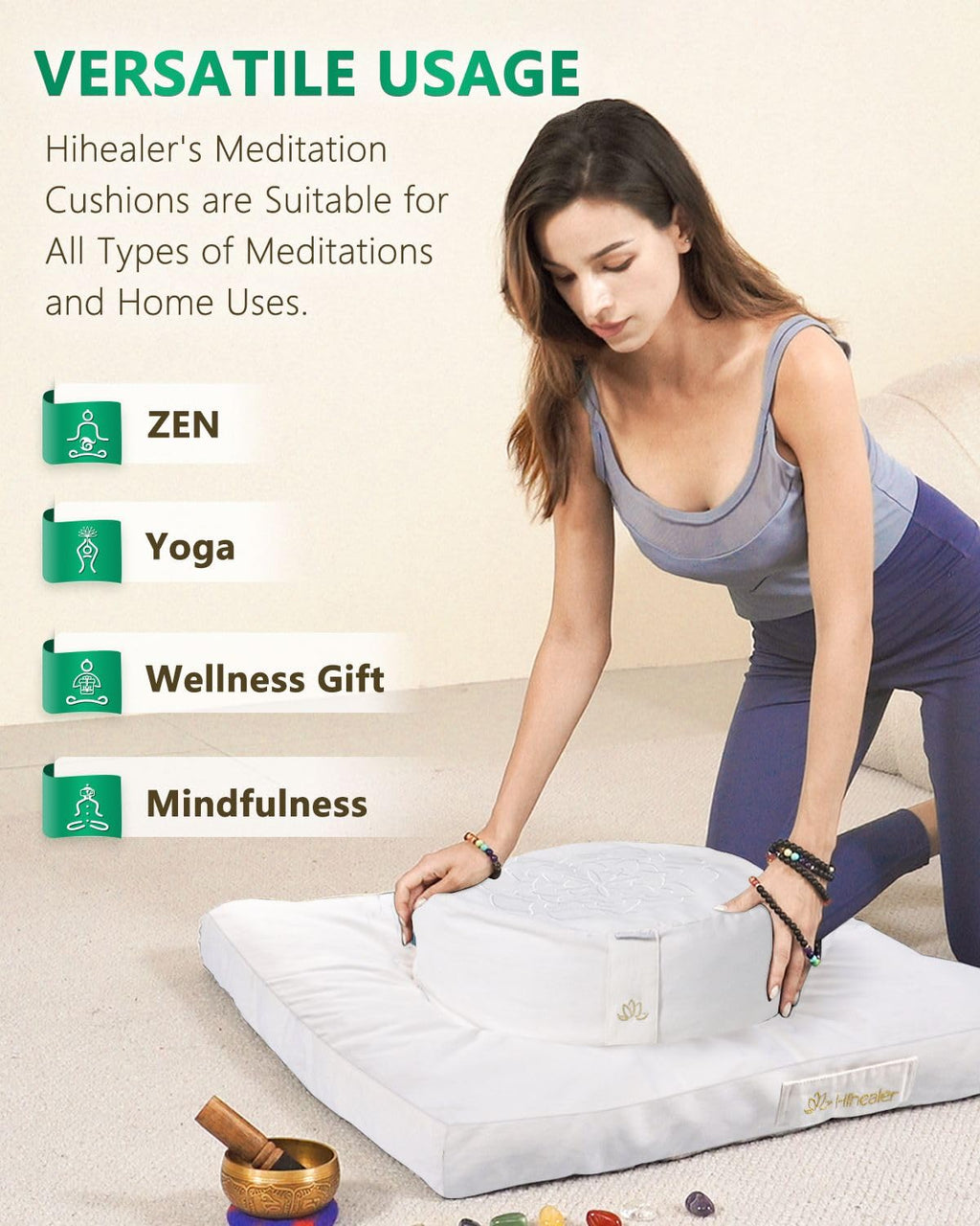 Hihealer Meditation Cushion, Traditional Tibetan Meditation Pillow Velvet Cover - Large Floor Cushion Seating for Adults - Yoga Buckwheat Bolster for Women、Moms