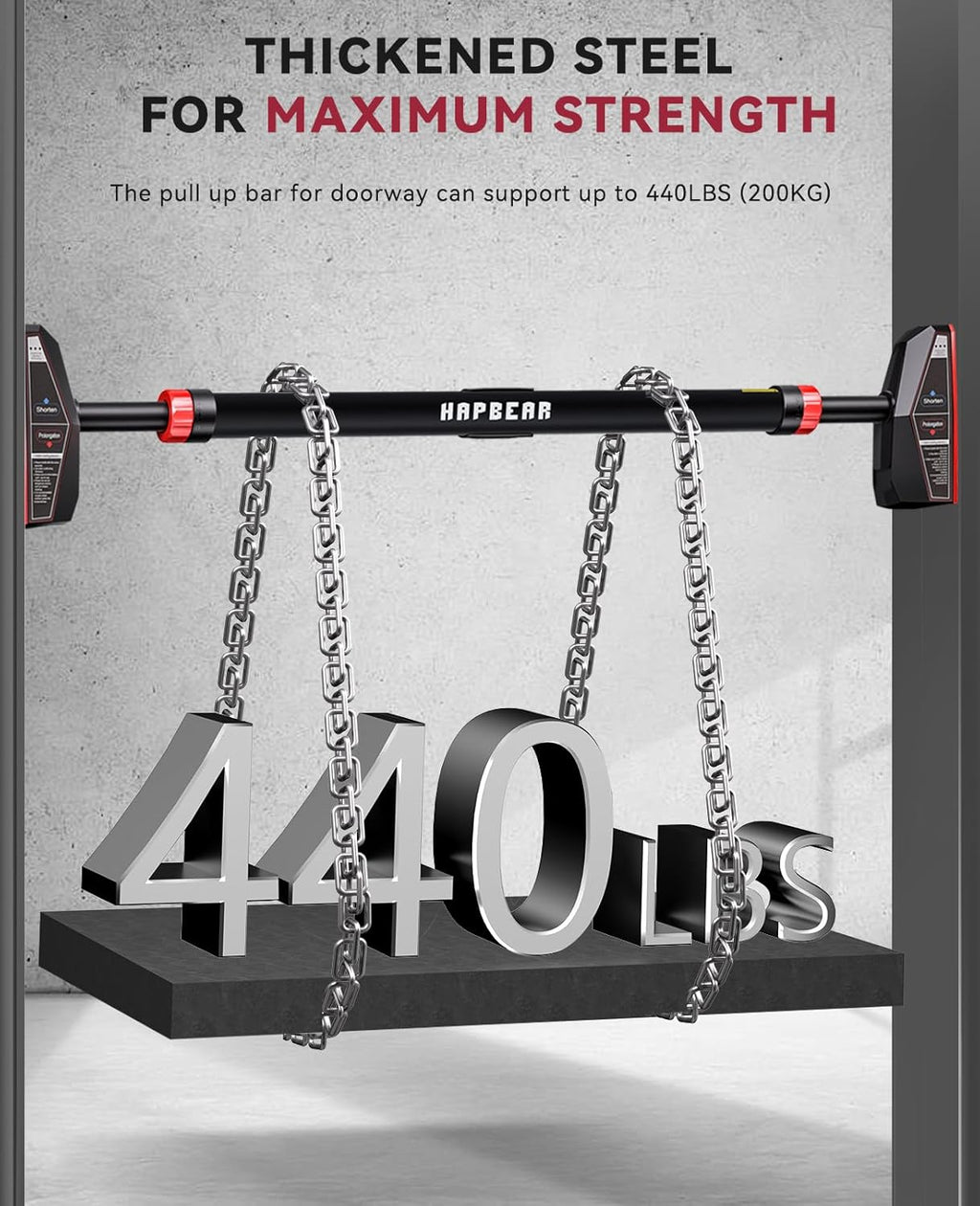 HAPBEAR Pull Up Bar for Doorway, Strength Training Chin up Bar Without Screws, Adjustable Width Locking Mechanism Pullup Bar with Non-Slip, Doorway Pull Up Bar for Home Gym Upper Body Workout