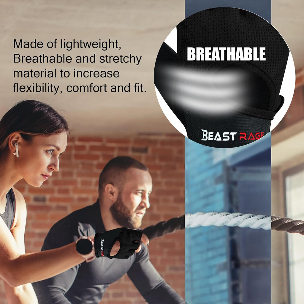 BEAST RAGE Workout Gloves for Men & Women - Fingerless Gym Gloves with Palm Protection, Breathable & Lightweight for Weightlifting, Cycling & Pull Up