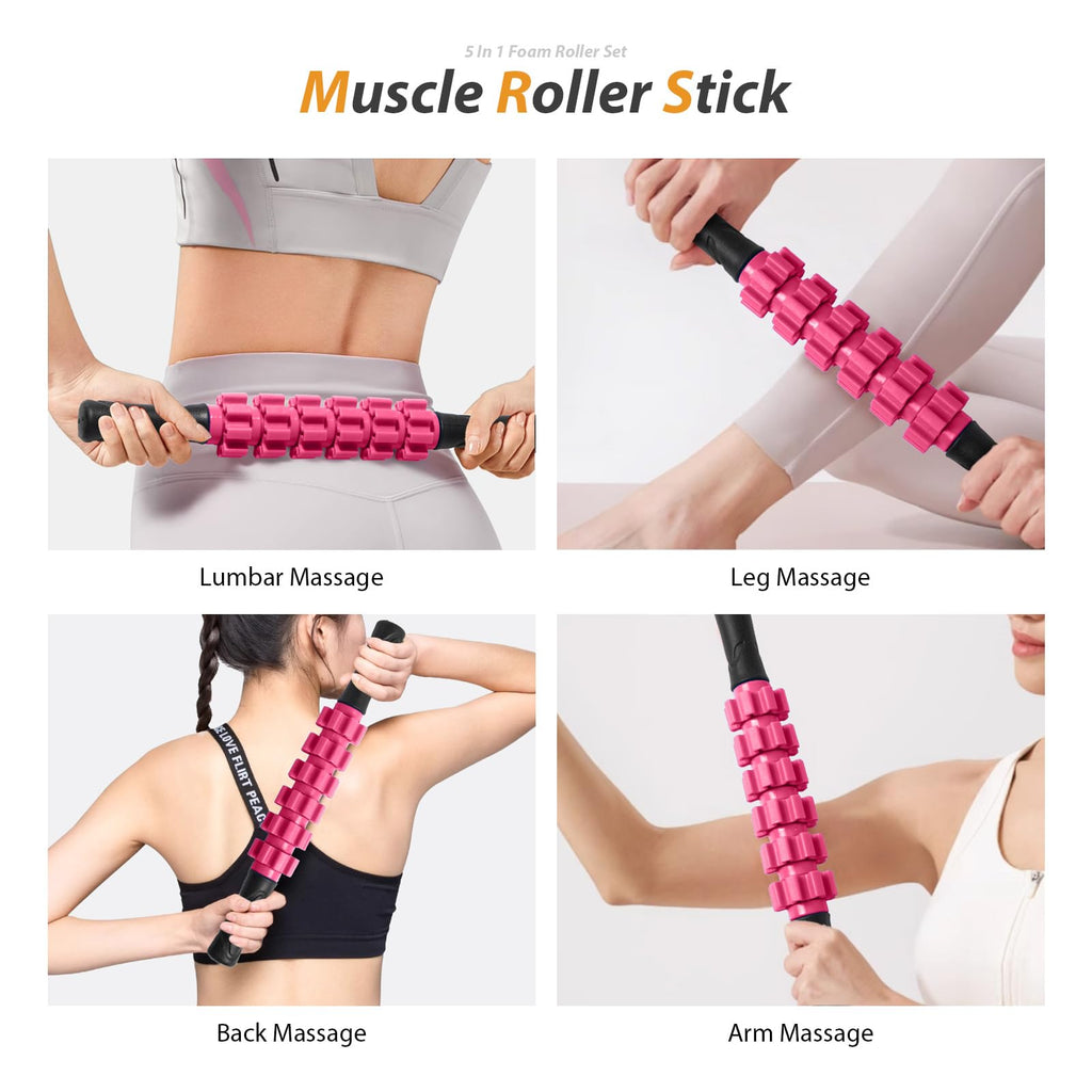 5 in1 Foam Roller Set, Trigger Point Foam Roller, Massage Roller Stick, Massage Ball, Resistance Band for Deep Muscle Massage Pilates Yoga,Fitness Exercise for Whole Body (Black-Red)
