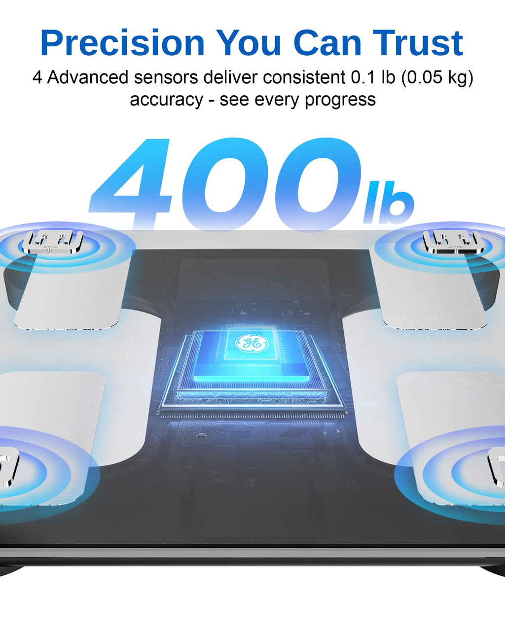GE Smart Scale for Body Fat, BMI Muscle Mass Digital Bathroom Weight Scales Bluetooth Electronic Body Composition Monitor for People with App Large Display, Accurate 400lb Weighing