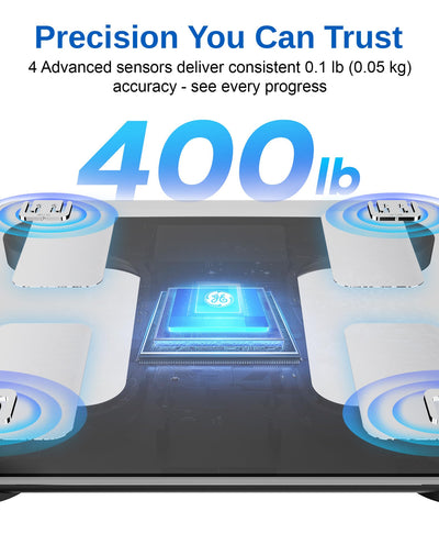GE Smart Scale for Body Fat, BMI Muscle Mass Digital Bathroom Weight Scales Bluetooth Electronic Body Composition Monitor for People with App Large Display, Accurate 400lb Weighing
