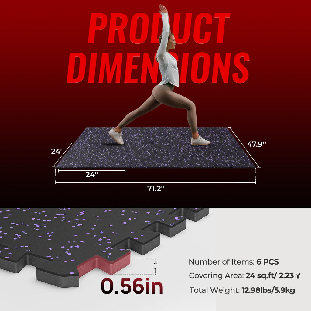 SUPERJARE 0.56'' Thick 12 Pcs 48 Sq Ft Rubber Top Exercise Equipment Mats, High Density EVA Foam Mats with Rubber Top, Interlocking Gym Flooring for Home Gym, Protective Workout Mat, Black/Grey