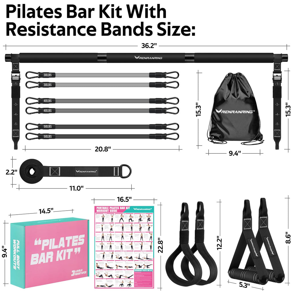 Pilates Bar Kit with Resistance Bands, Multifunctional Pilates Bar for Women & Men with Heavy-Duty Metal Adjustment Buckle, Pilates Home Equipment for Full BodyWorkouts