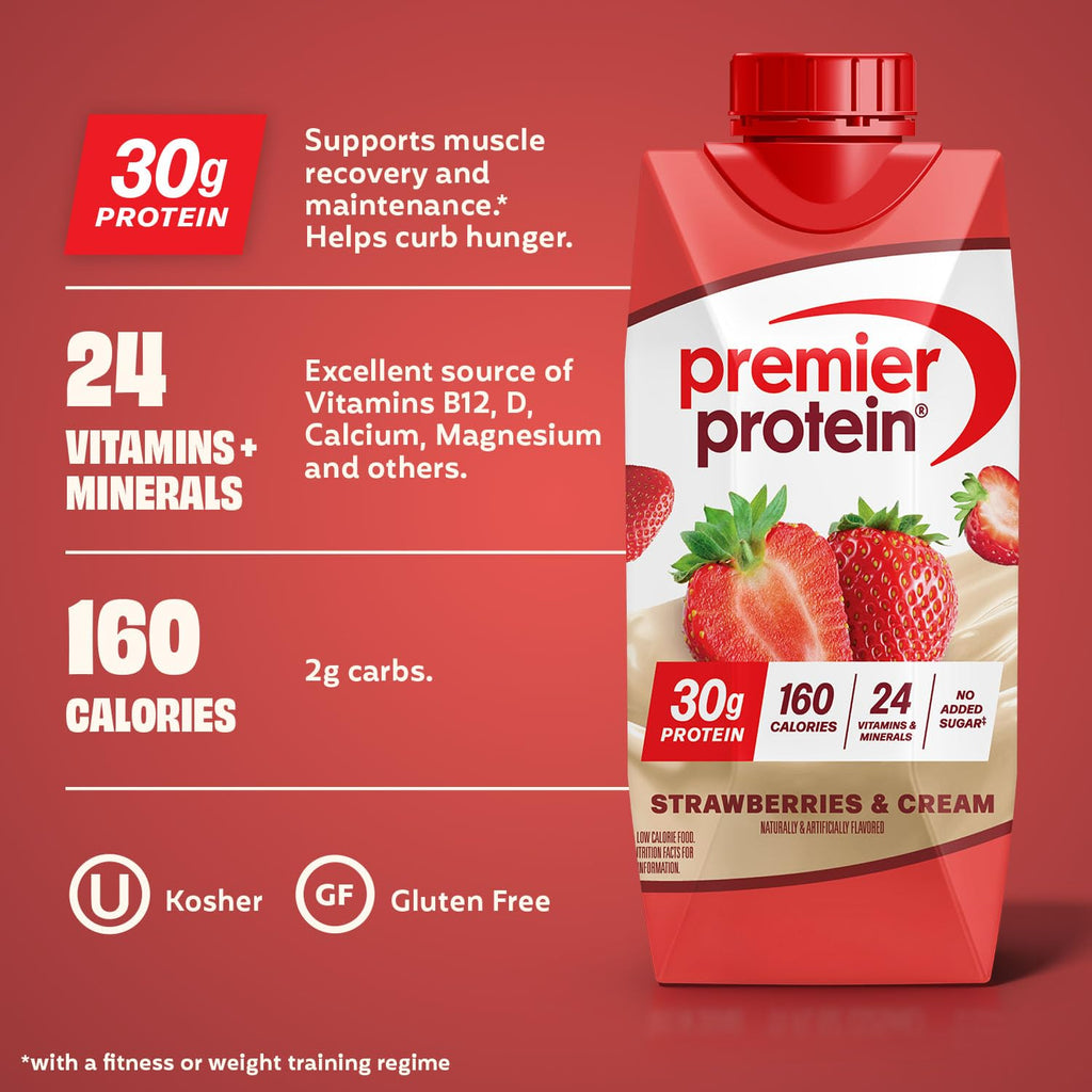 Premier Protein Shake, Vanilla, 30g Protein, 1g Sugar, 24 Vitamins & Minerals to Support Immune Health, 11 fl oz, Pack of 12 (Packaging May Vary)