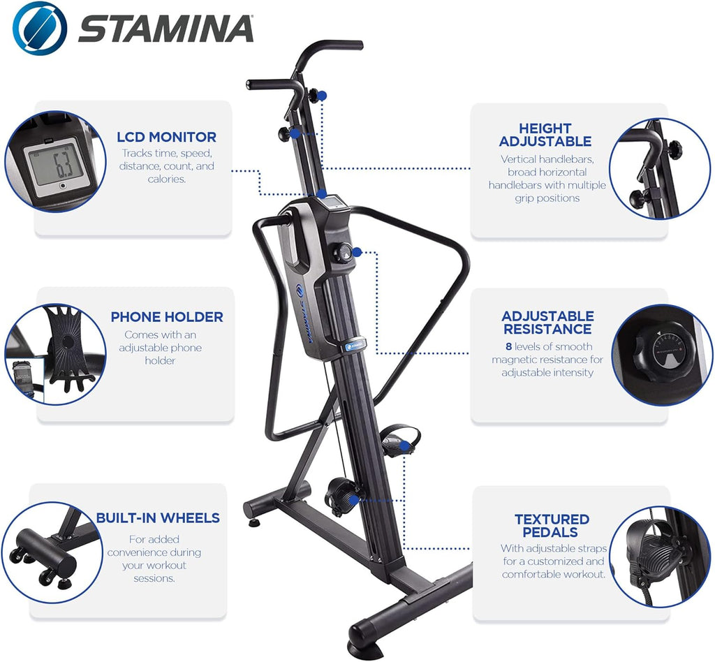 Stamina Products Cardio Climber Home Workout Fitness Exercise Machine with Smart Coaching, LCD Monitor, And Wheels for Easy Storage