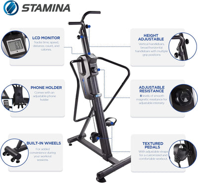 Stamina Products Cardio Climber Home Workout Fitness Exercise Machine with Smart Coaching, LCD Monitor, And Wheels for Easy Storage