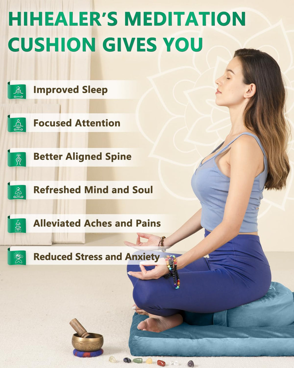 Hihealer Meditation Cushion, Traditional Tibetan Meditation Pillow Velvet Cover - Large Floor Cushion Seating for Adults - Yoga Buckwheat Bolster for Women、Moms