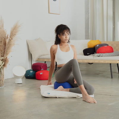 (Height 6.5") Round Zafu Yoga Bolster for Gymnastics & Meditation Made in the EU - Light Beige 100% Natural Cotton Yoga Meditation Buckwheat Meditation Cushion with Washable Covers