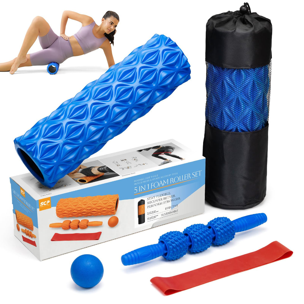 5 in1 Foam Roller Set, Trigger Point Foam Roller, Massage Roller Stick, Massage Ball, Resistance Band for Deep Muscle Massage Pilates Yoga,Fitness Exercise for Whole Body (Black-Red)