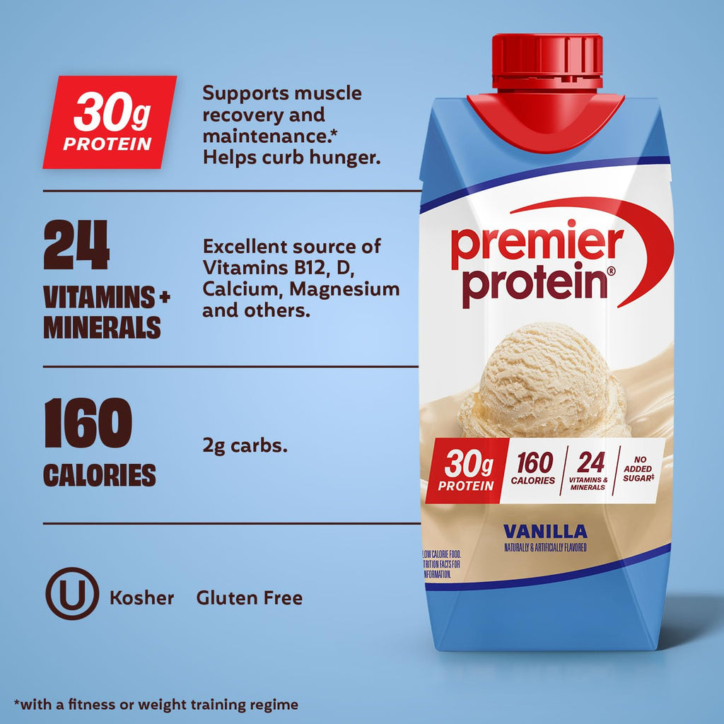Premier Protein Shake, Vanilla, 30g Protein, 1g Sugar, 24 Vitamins & Minerals to Support Immune Health, 11 fl oz, Pack of 12 (Packaging May Vary)