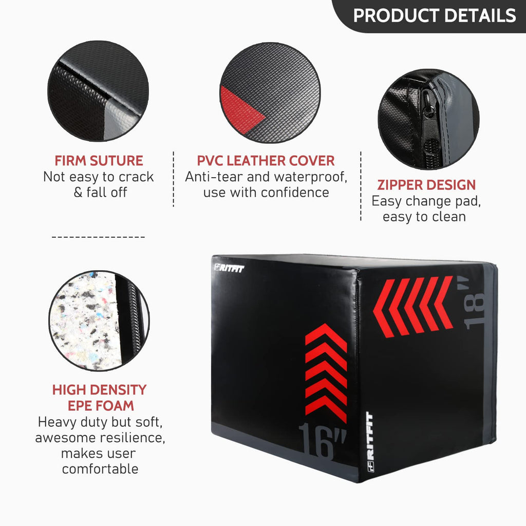 RitFit 3 in 1 Extra Firm Soft Plyo Box Foam Plyometric Box-30”x24”x20”-20"x18"x16" Heavy Duty High Density Foam Jumping Box 3 Sizes with PVC Cover,Platform for Home Gym Fitness, 440lb Weight Capacity