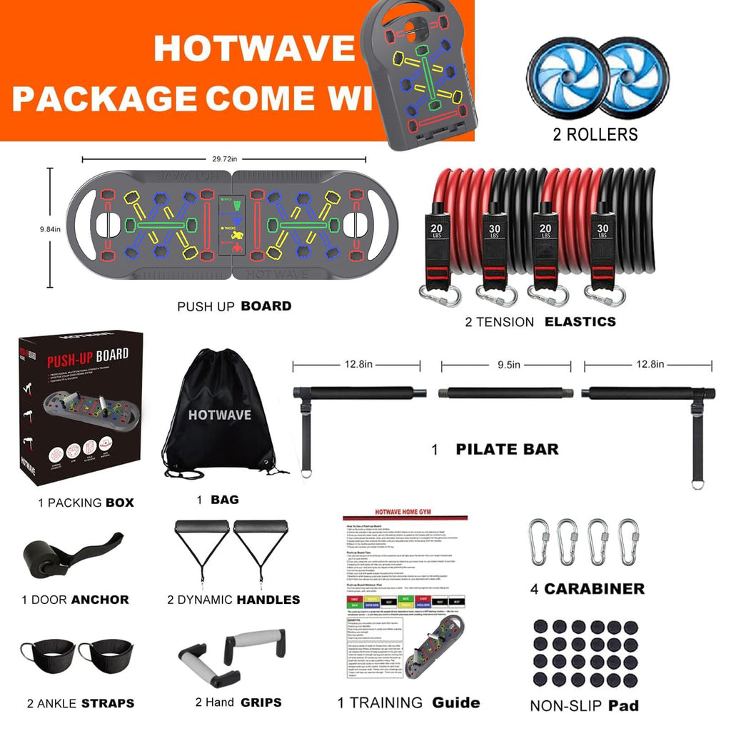 HOTWAVE Portable Exercise Equipment with 16 Gym Accessories,20 in 1 Push Up Board Fitness,Resistance Bands with Ab Roller Wheel,at Home Workout for Men