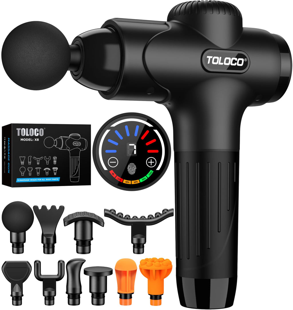 TOLOCO Massage Gun Deep Tissue, Percussion Massage Gun with 10 Replacement Heads, Super Quiet Portable Electric Massager for Athletes, Relax, Black