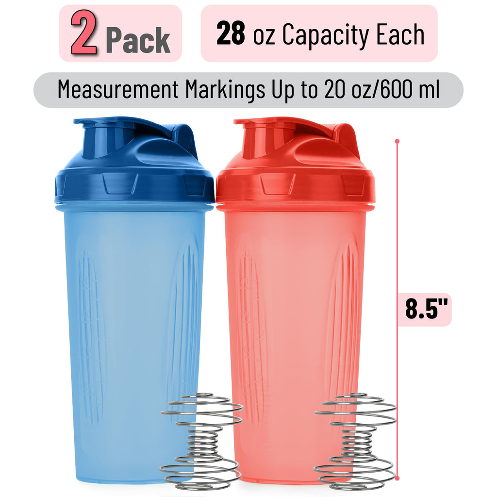 Mr. Pen- Shaker Bottles for Protein Mixes, 28 oz, 2 Pack, Light Blue & Red, Protein Shaker Bottle with Wire Whisk Ball, Blender Bottle