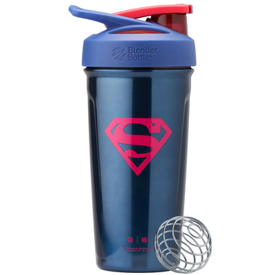 BlenderBottle Superman Strada Shaker Cup Insulated Stainless Steel Water Bottle with Wire Whisk, 24-Ounce, Man of Steel - Blue