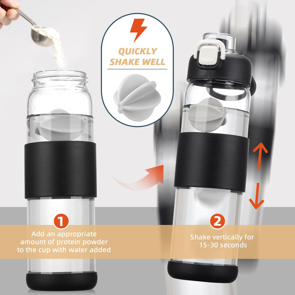 Glass Water Bottle for Protein Mixes 24 oz Protein Shaker Bottles with Whisk Ball Portable Leak Proof Shaker Blender for Fitness BPA Free