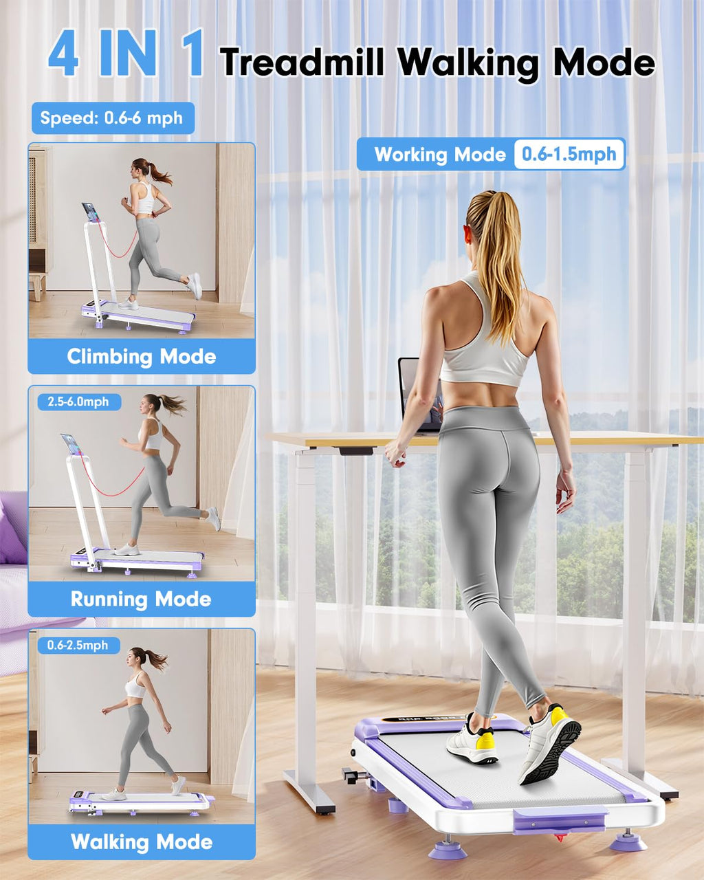 Foldable Treadmill with 9% Incline, Upgrade 3.5HP Low Noise Walking Pad Treadmill with Handle Bar, Trisomy 4 in 1 Portable Under Desk Treadmills for Home/Office, 350Lbs Capacity, APP & Remote Control