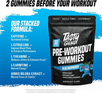 TASTY GAINS - Pre-Workout Gummies – Energy & Focus Boost, Caffeine Gummies for Men & Women, 200mg of Caffeine, Fat-Burning Preworkout for Strength & Endurance, Pineapple Mango Flavor, 60 Count