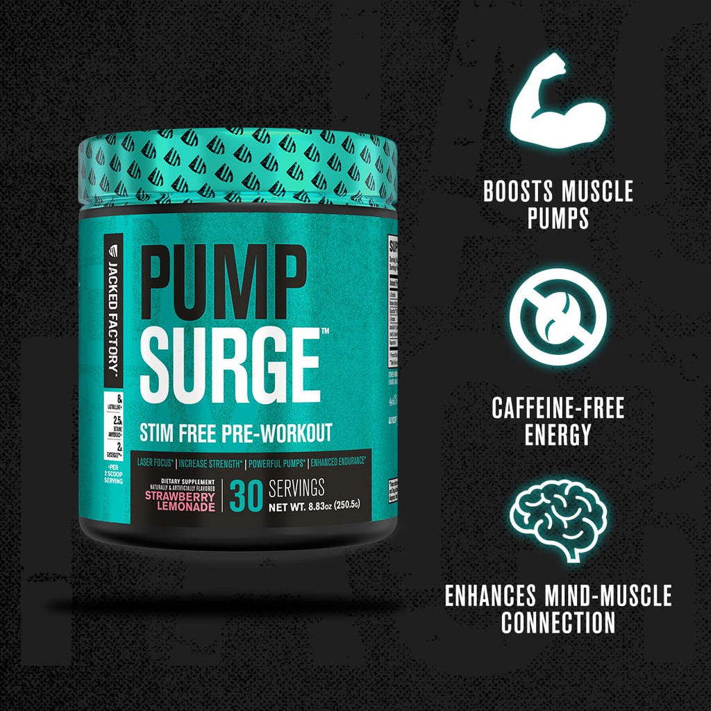 Jacked Factory Pumpsurge Caffeine Free Pre Workout for Men & Women - Nootropic Booster & Stim Free Pre Workout - Intense Pumps, Enhanced Focus - 30 Servings, Strawberry Lemonade