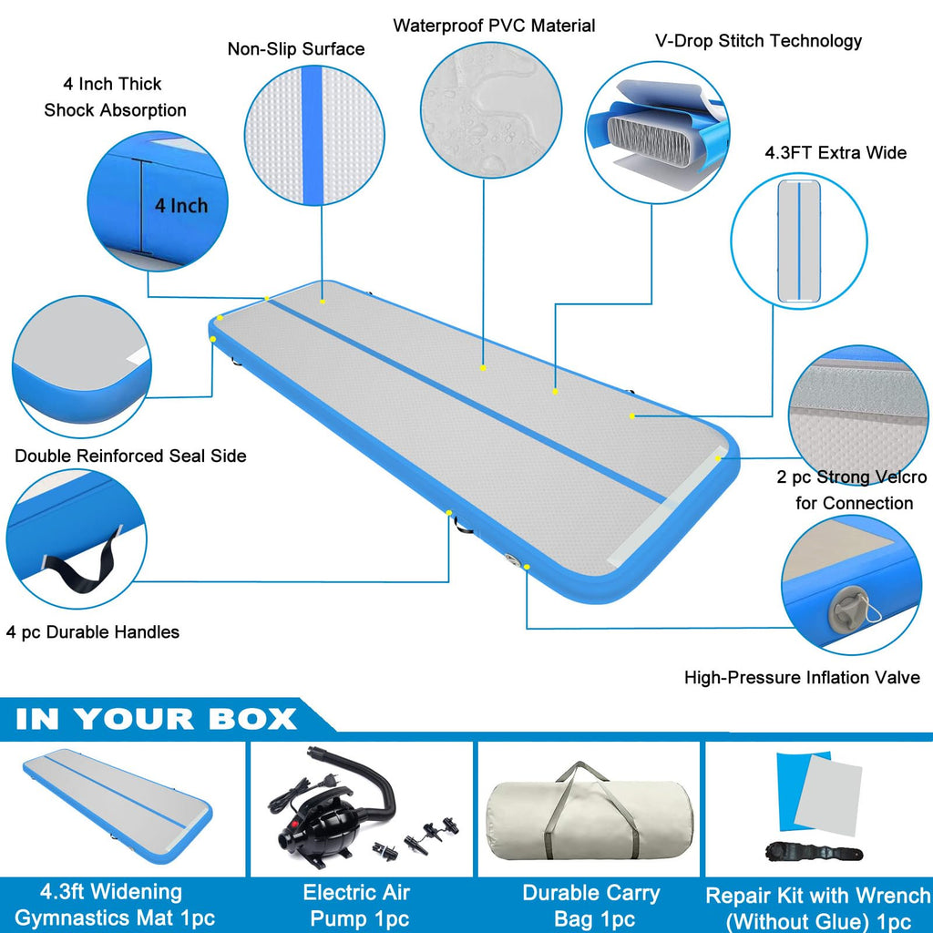 13ft/16ft/20ft Inflatable Air Gymnastics Mat Training Mats 4.3ft Widening 4 inches Thickness Gymnastics Tracks with Electric Air Pump for Home Use/Training/Cheerleading/Yoga/Water