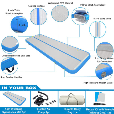 13ft/16ft/20ft Inflatable Air Gymnastics Mat Training Mats 4.3ft Widening 4 inches Thickness Gymnastics Tracks with Electric Air Pump for Home Use/Training/Cheerleading/Yoga/Water