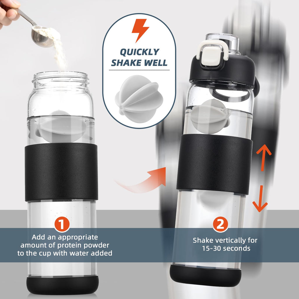Glass Water Bottle for Protein Mixes 24 oz Protein Shaker Bottles with Whisk Ball Portable Leak Proof Shaker Blender for Fitness BPA Free