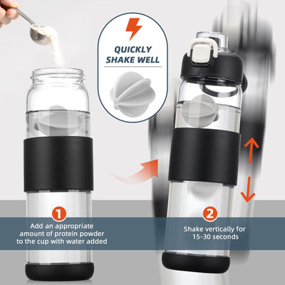 Glass Water Bottle for Protein Mixes 24 oz Protein Shaker Bottles with Whisk Ball Portable Leak Proof Shaker Blender for Fitness BPA Free